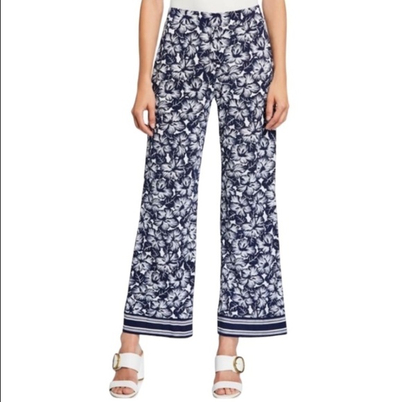 Michael Kors Floral Wide Leg Pants Blue White Hibiscus Size Large - Picture 10 of 10